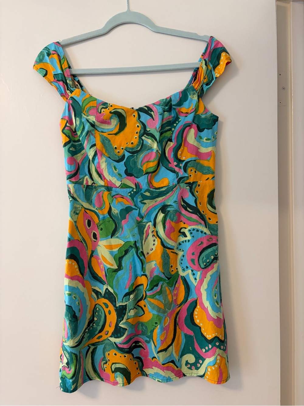 Mango Multicolor Abstract Print Mini Dress - Teal, Pink & Yellow